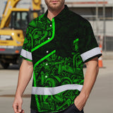 Hi Vis Hawaiian Shirt Reflective Tapes Green Neon Mechanic 2 Custom Name Safety Workwear For Mechanists, Workers, Truckers, Operators