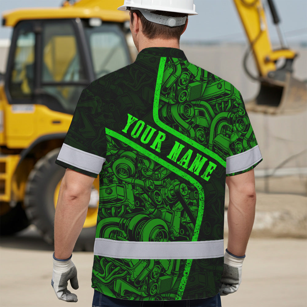Hi Vis Hawaiian Shirt Reflective Tapes Green Neon Mechanic 2 Custom Name Safety Workwear For Mechanists, Workers, Truckers, Operators