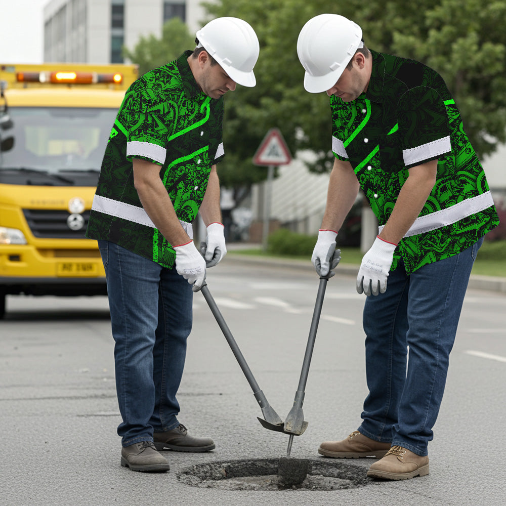 Hi Vis Hawaiian Shirt Reflective Tapes Green Neon Mechanic 2 Custom Name Safety Workwear For Mechanists, Workers, Truckers, Operators