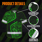 Hi Vis Hawaiian Shirt Reflective Tapes Green Neon Mechanic 2 Custom Name Safety Workwear For Mechanists, Workers, Truckers, Operators