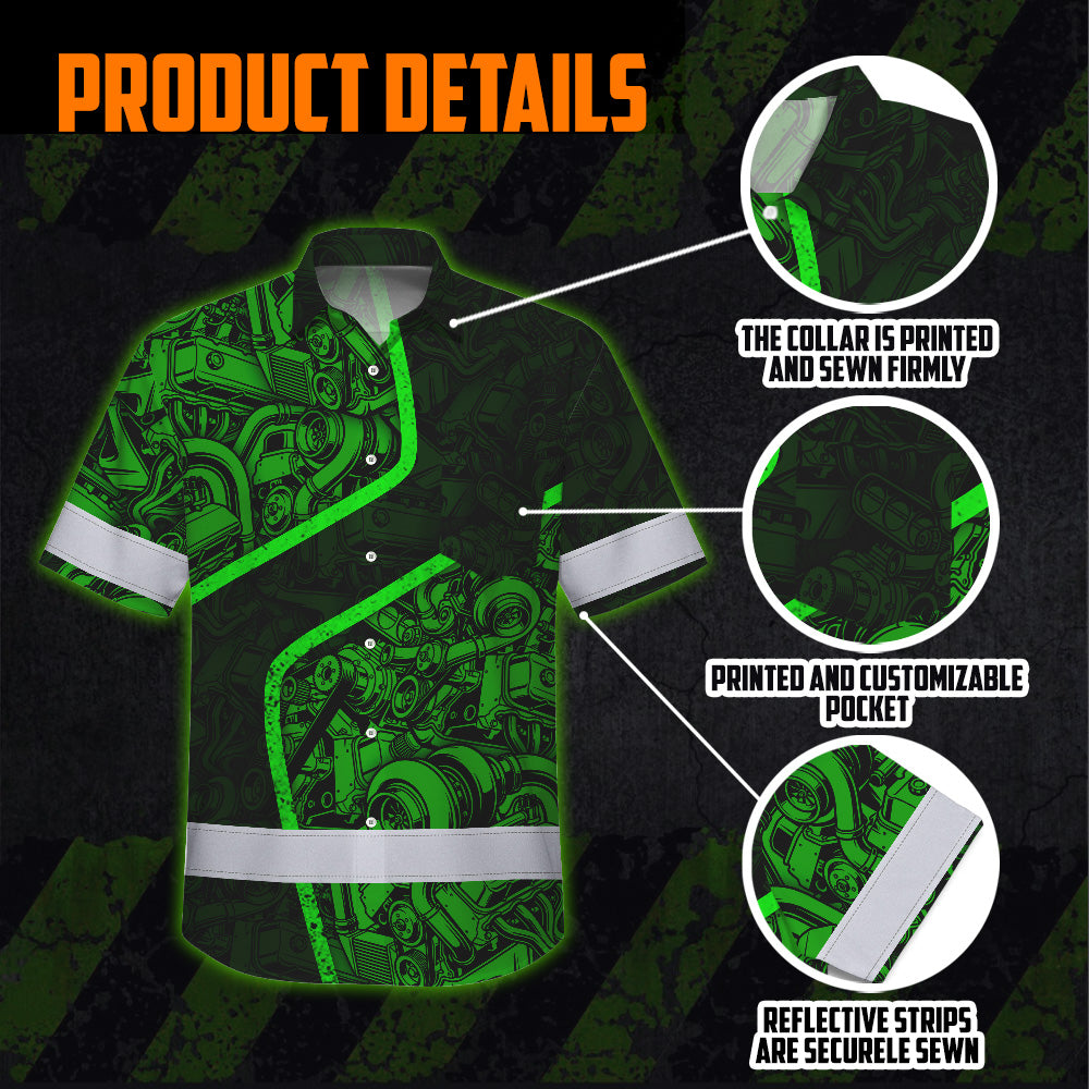 Hi Vis Hawaiian Shirt Reflective Tapes Green Neon Mechanic 2 Custom Name Safety Workwear For Mechanists, Workers, Truckers, Operators