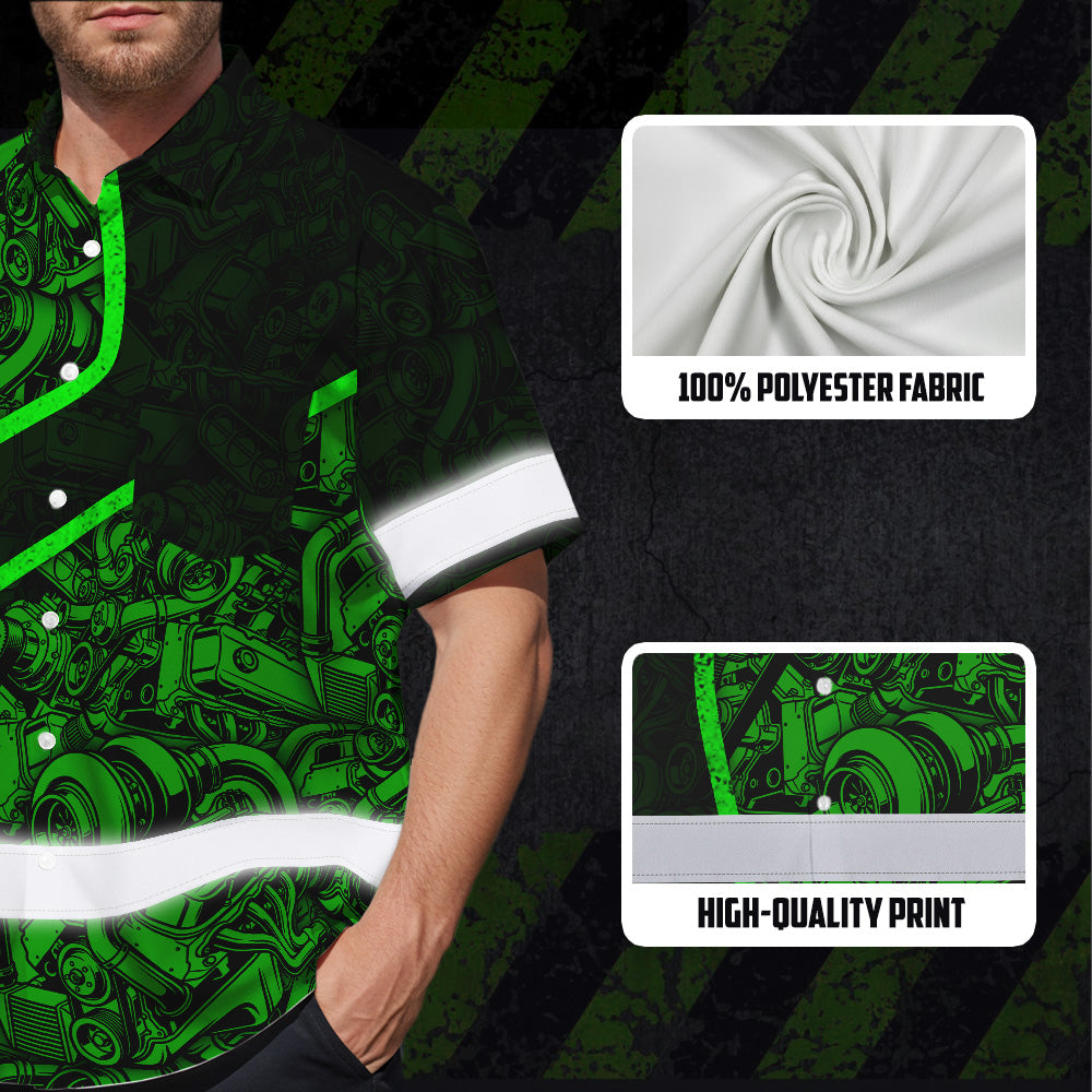 Hi Vis Hawaiian Shirt Reflective Tapes Green Neon Mechanic 2 Custom Name Safety Workwear For Mechanists, Workers, Truckers, Operators