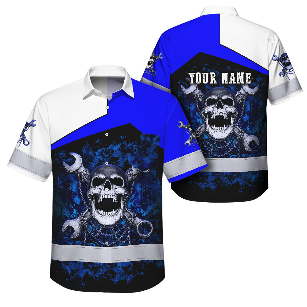 Hi Vis Hawaiian Shirt Reflective Tapes White Blue Neon Mechanic Custom Name Safety Workwear For Mechanists, Workers, Truckers, Operators