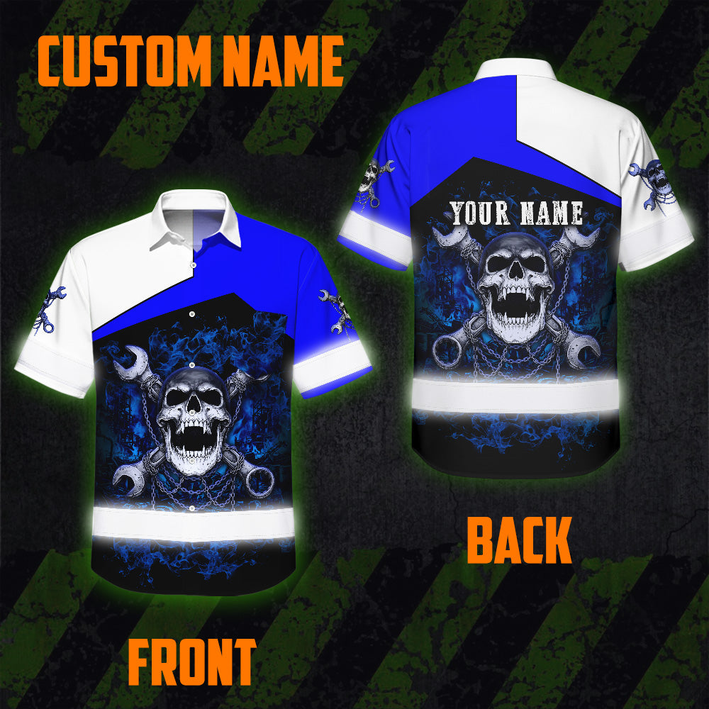 Hi Vis Hawaiian Shirt Reflective Tapes White Blue Neon Mechanic Custom Name Safety Workwear For Mechanists, Workers, Truckers, Operators