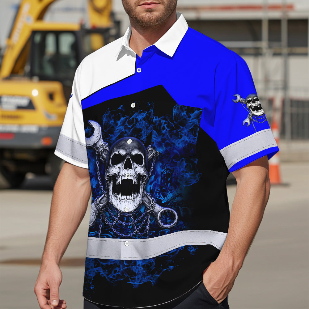 Hi Vis Hawaiian Shirt Reflective Tapes White Blue Neon Mechanic Custom Name Safety Workwear For Mechanists, Workers, Truckers, Operators