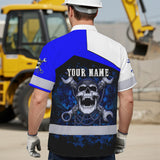 Hi Vis Hawaiian Shirt Reflective Tapes White Blue Neon Mechanic Custom Name Safety Workwear For Mechanists, Workers, Truckers, Operators