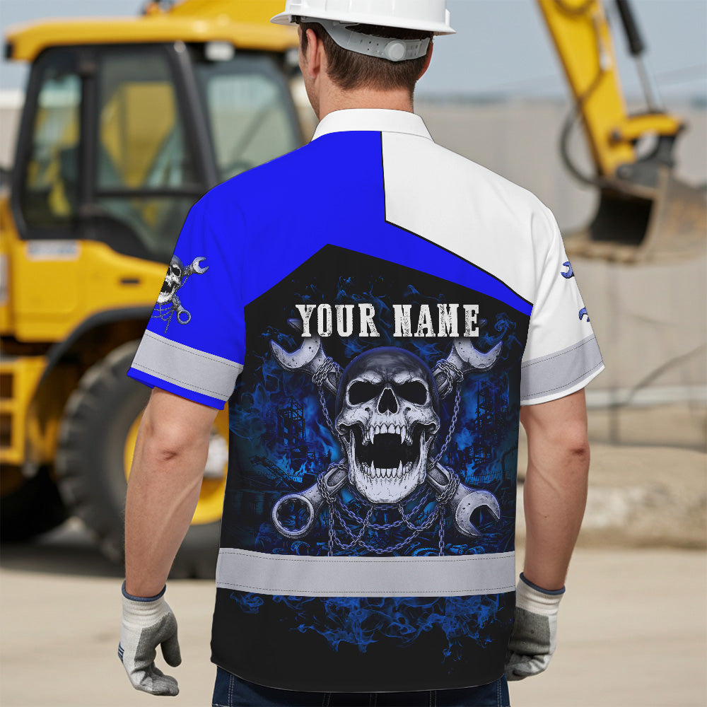 Hi Vis Hawaiian Shirt Reflective Tapes White Blue Neon Mechanic Custom Name Safety Workwear For Mechanists, Workers, Truckers, Operators