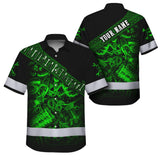 Hi Vis Hawaiian Shirt Reflective Tapes Green Neon Mechanic 3 Custom Name Safety Workwear For Mechanists, Workers, Truckers, Operators