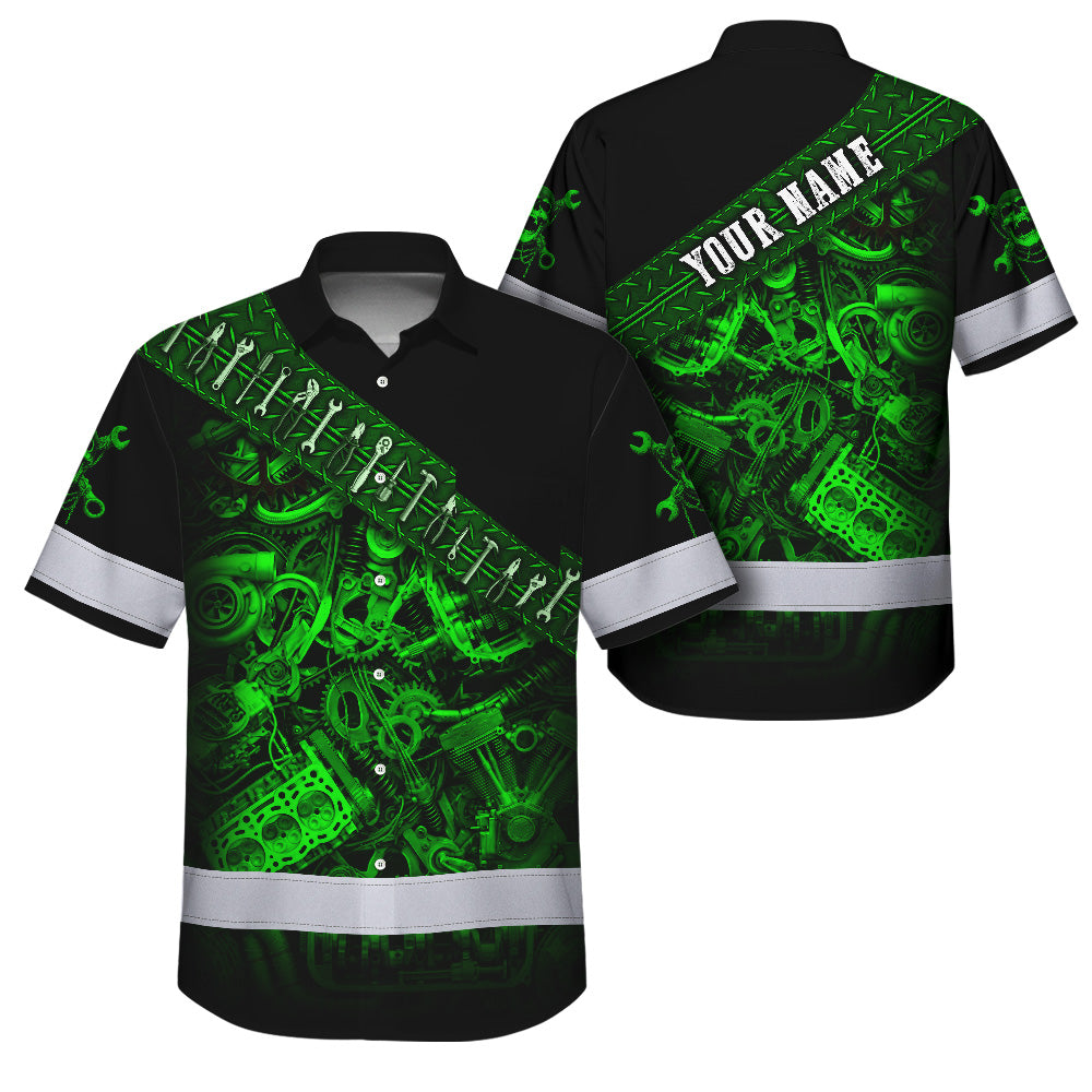 Hi Vis Hawaiian Shirt Reflective Tapes Green Neon Mechanic 3 Custom Name Safety Workwear For Mechanists, Workers, Truckers, Operators