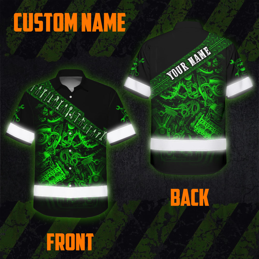 Hi Vis Hawaiian Shirt Reflective Tapes Green Neon Mechanic 3 Custom Name Safety Workwear For Mechanists, Workers, Truckers, Operators