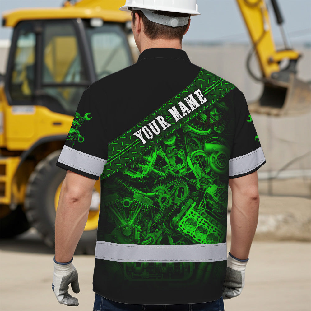 Hi Vis Hawaiian Shirt Reflective Tapes Green Neon Mechanic 3 Custom Name Safety Workwear For Mechanists, Workers, Truckers, Operators