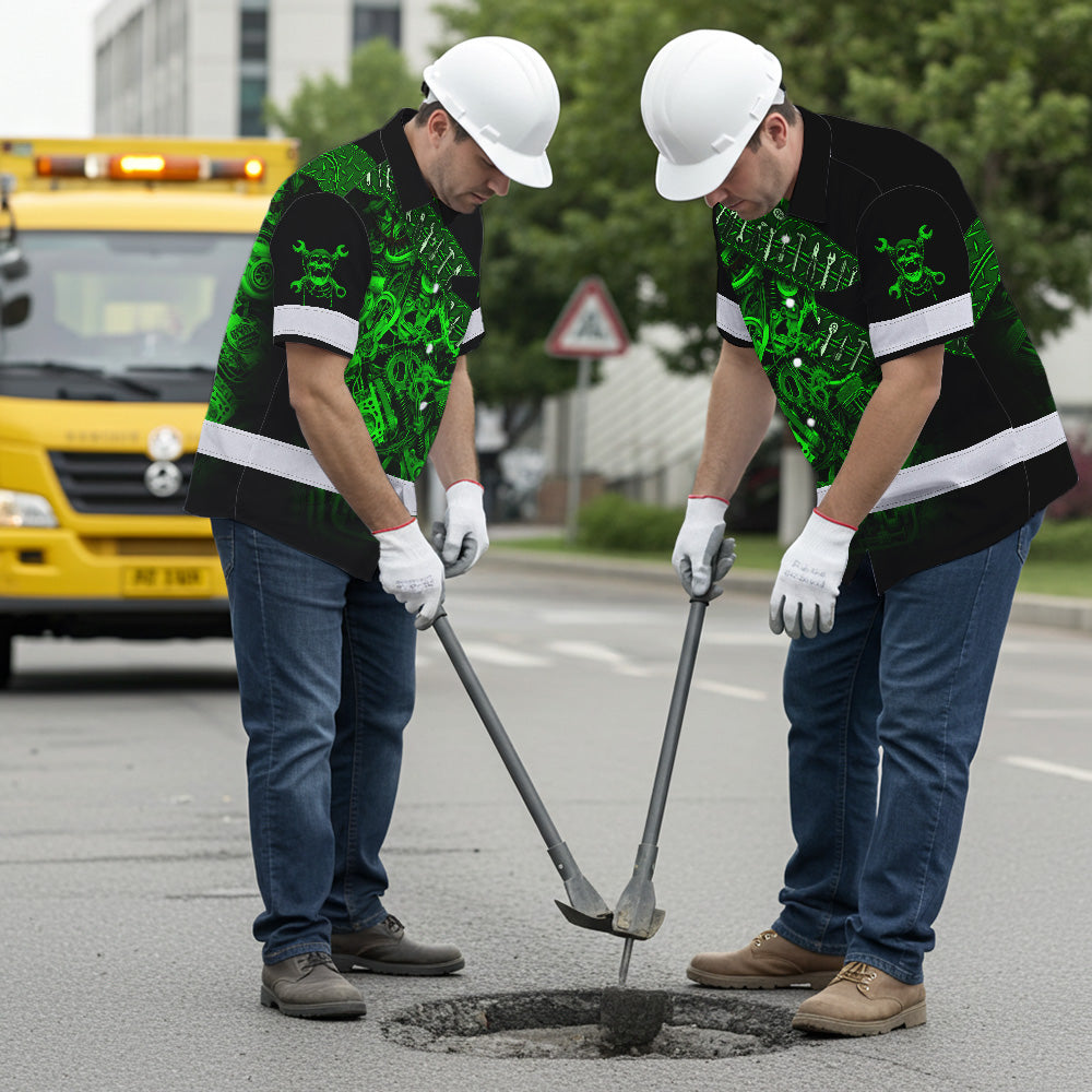 Hi Vis Hawaiian Shirt Reflective Tapes Green Neon Mechanic 3 Custom Name Safety Workwear For Mechanists, Workers, Truckers, Operators