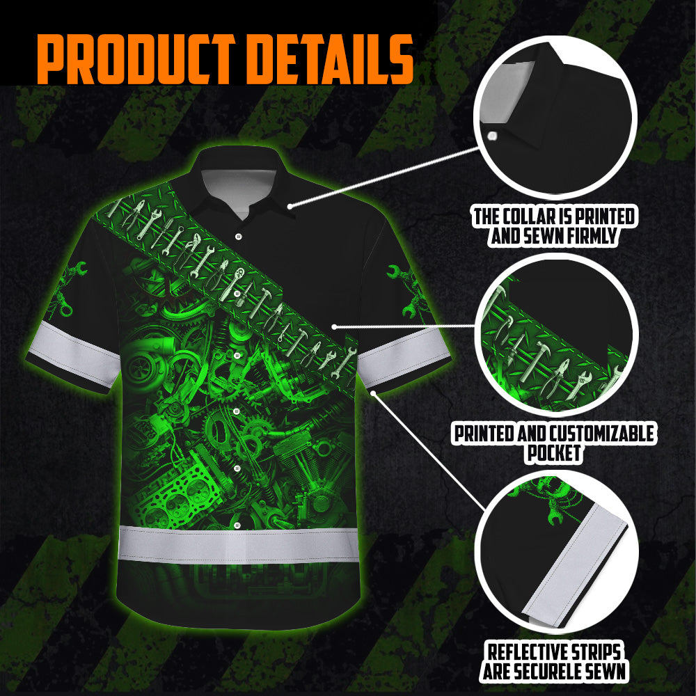 Hi Vis Hawaiian Shirt Reflective Tapes Green Neon Mechanic 3 Custom Name Safety Workwear For Mechanists, Workers, Truckers, Operators