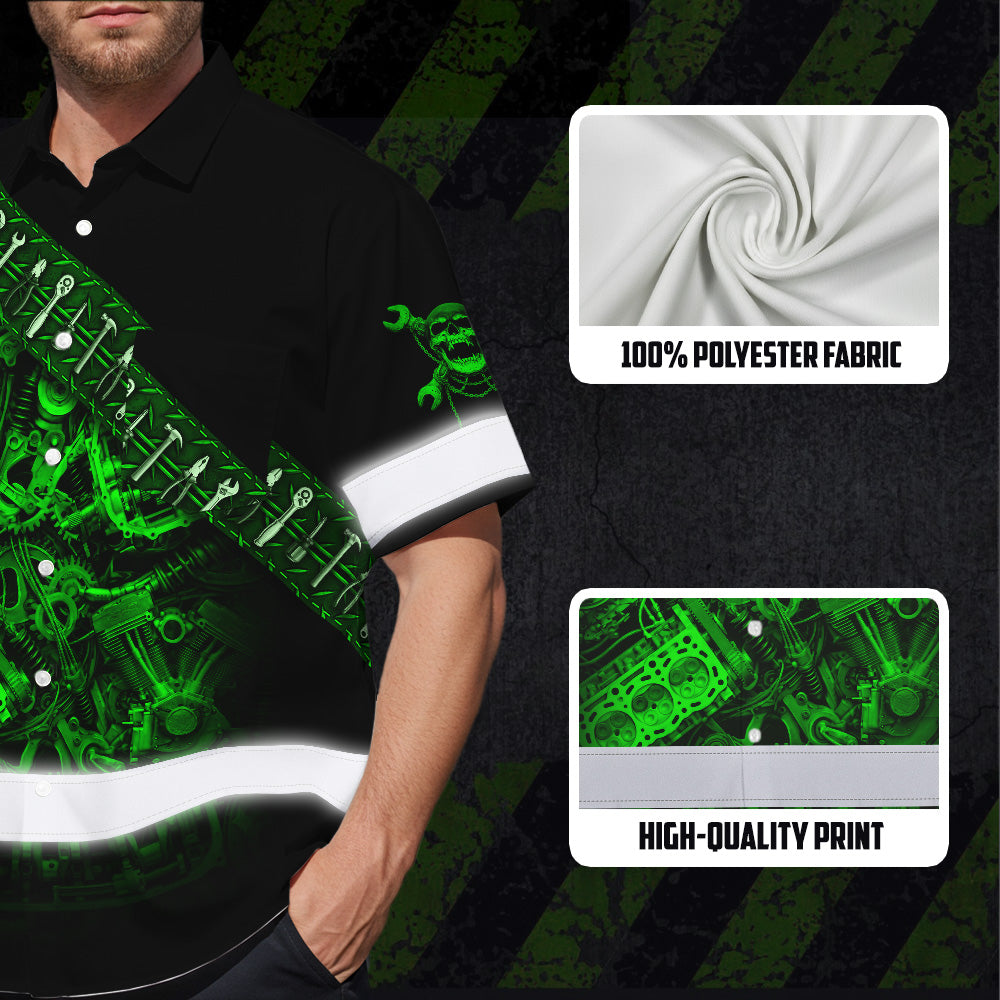 Hi Vis Hawaiian Shirt Reflective Tapes Green Neon Mechanic 3 Custom Name Safety Workwear For Mechanists, Workers, Truckers, Operators