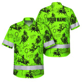 Hi Vis Hawaiian Shirt Reflective Tapes Green Neon Cowboy Custom Name Safety Workwear For Mechanics, Workers, Truckers, Operators