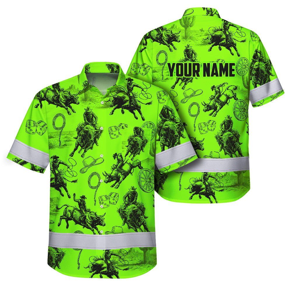 Hi Vis Hawaiian Shirt Reflective Tapes Green Neon Cowboy Custom Name Safety Workwear For Mechanics, Workers, Truckers, Operators