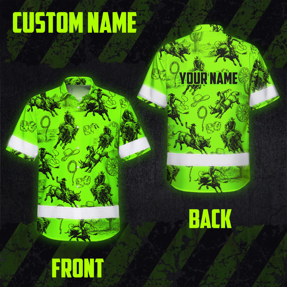 Hi Vis Hawaiian Shirt Reflective Tapes Green Neon Cowboy Custom Name Safety Workwear For Mechanics, Workers, Truckers, Operators