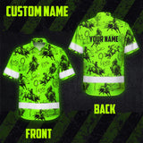 Hi Vis Hawaiian Shirt Reflective Tapes Green Neon Cowboy Custom Name Safety Workwear For Mechanics, Workers, Truckers, Operators