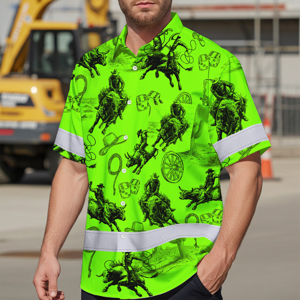Hi Vis Hawaiian Shirt Reflective Tapes Green Neon Cowboy Custom Name Safety Workwear For Mechanics, Workers, Truckers, Operators