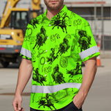 Hi Vis Hawaiian Shirt Reflective Tapes Green Neon Cowboy Custom Name Safety Workwear For Mechanics, Workers, Truckers, Operators