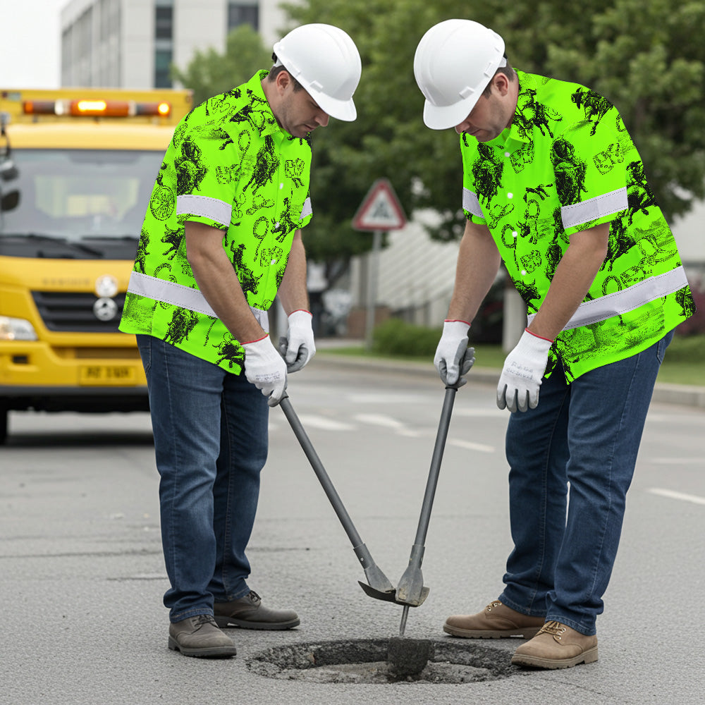 Hi Vis Hawaiian Shirt Reflective Tapes Green Neon Cowboy Custom Name Safety Workwear For Mechanics, Workers, Truckers, Operators