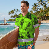Hi Vis Hawaiian Shirt Reflective Tapes Green Neon Cowboy Custom Name Safety Workwear For Mechanics, Workers, Truckers, Operators