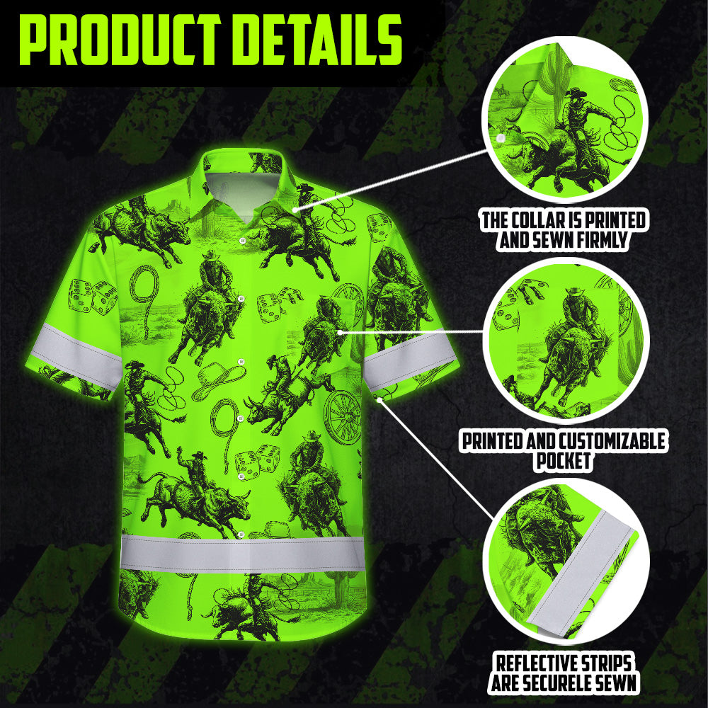 Hi Vis Hawaiian Shirt Reflective Tapes Green Neon Cowboy Custom Name Safety Workwear For Mechanics, Workers, Truckers, Operators