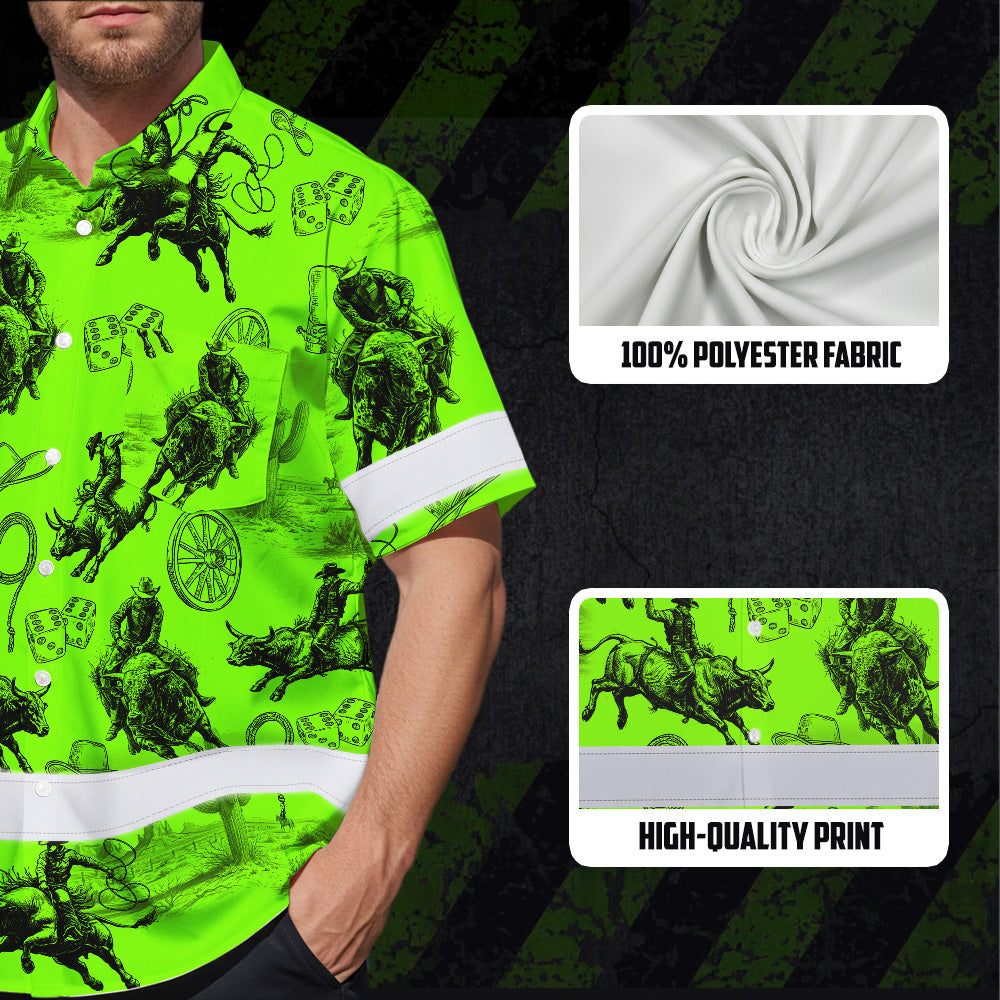 Hi Vis Hawaiian Shirt Reflective Tapes Green Neon Cowboy Custom Name Safety Workwear For Mechanics, Workers, Truckers, Operators