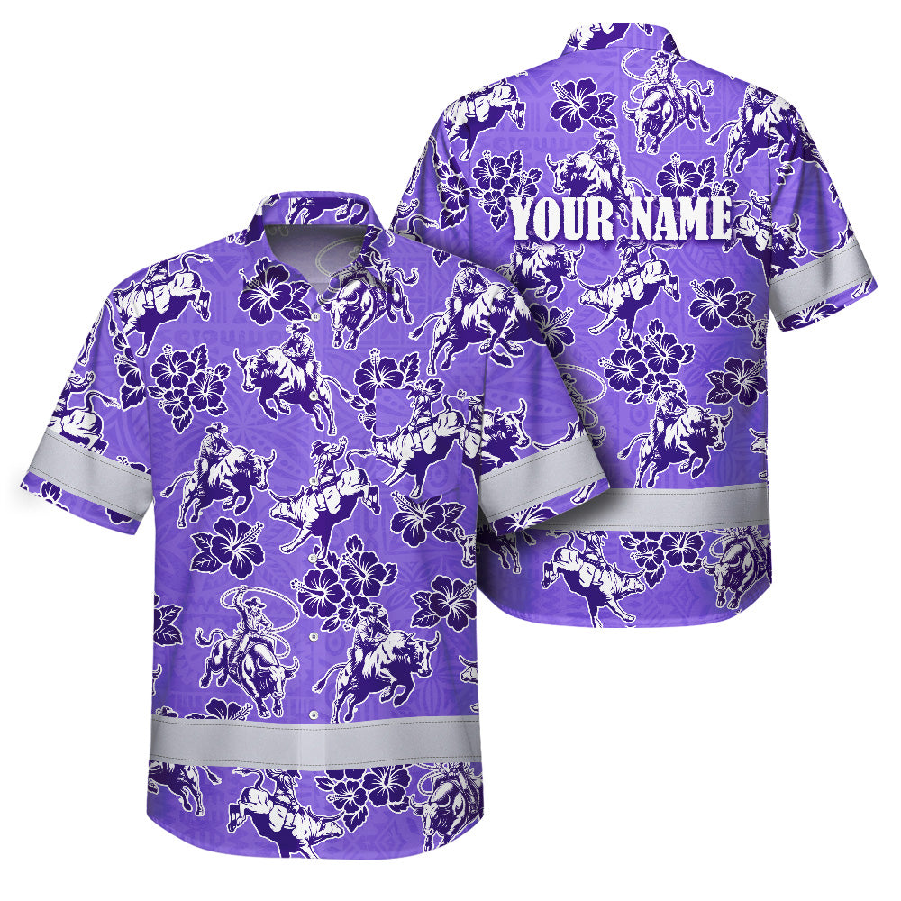 Hi Vis Hawaiian Shirt Reflective Tapes Violet Neon Cowboy Custom Name Safety Workwear For Mechanics, Workers, Truckers, Operators