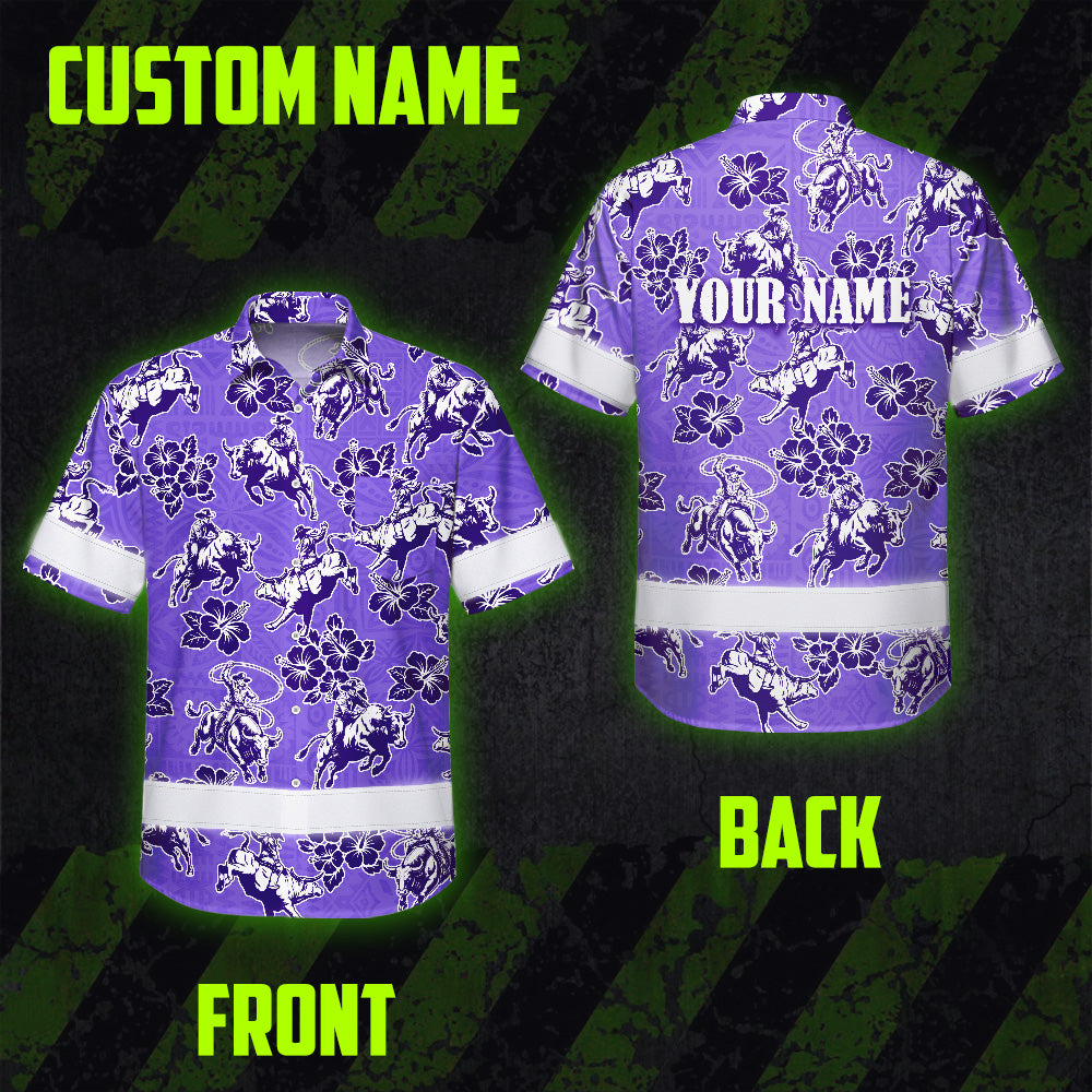 Hi Vis Hawaiian Shirt Reflective Tapes Violet Neon Cowboy Custom Name Safety Workwear For Mechanics, Workers, Truckers, Operators