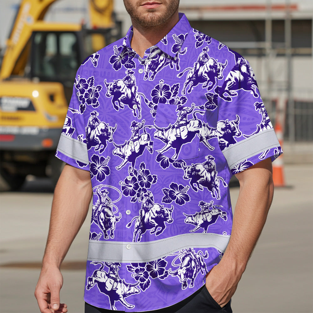 Hi Vis Hawaiian Shirt Reflective Tapes Violet Neon Cowboy Custom Name Safety Workwear For Mechanics, Workers, Truckers, Operators