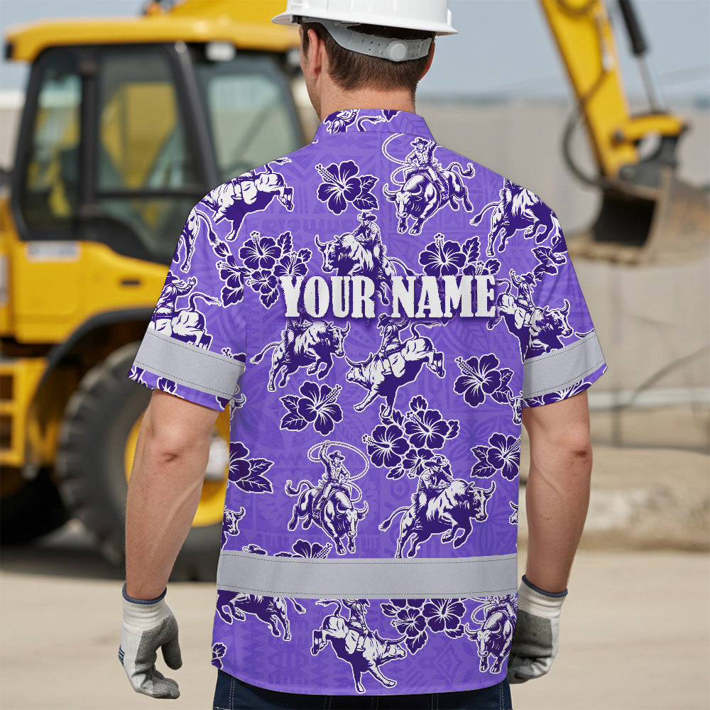 Hi Vis Hawaiian Shirt Reflective Tapes Violet Neon Cowboy Custom Name Safety Workwear For Mechanics, Workers, Truckers, Operators