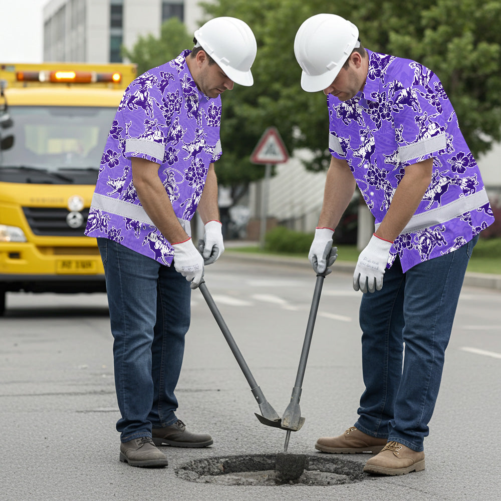 Hi Vis Hawaiian Shirt Reflective Tapes Violet Neon Cowboy Custom Name Safety Workwear For Mechanics, Workers, Truckers, Operators