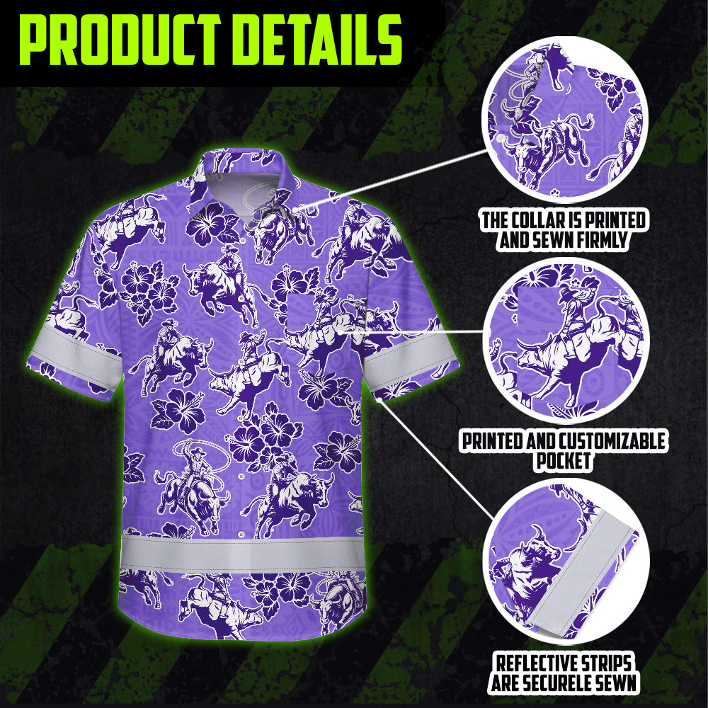 Hi Vis Hawaiian Shirt Reflective Tapes Violet Neon Cowboy Custom Name Safety Workwear For Mechanics, Workers, Truckers, Operators