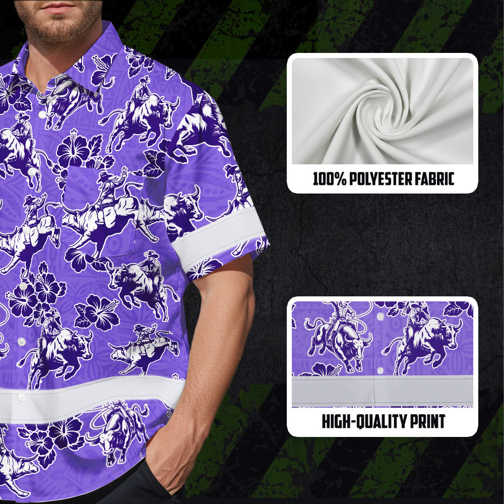 Hi Vis Hawaiian Shirt Reflective Tapes Violet Neon Cowboy Custom Name Safety Workwear For Mechanics, Workers, Truckers, Operators