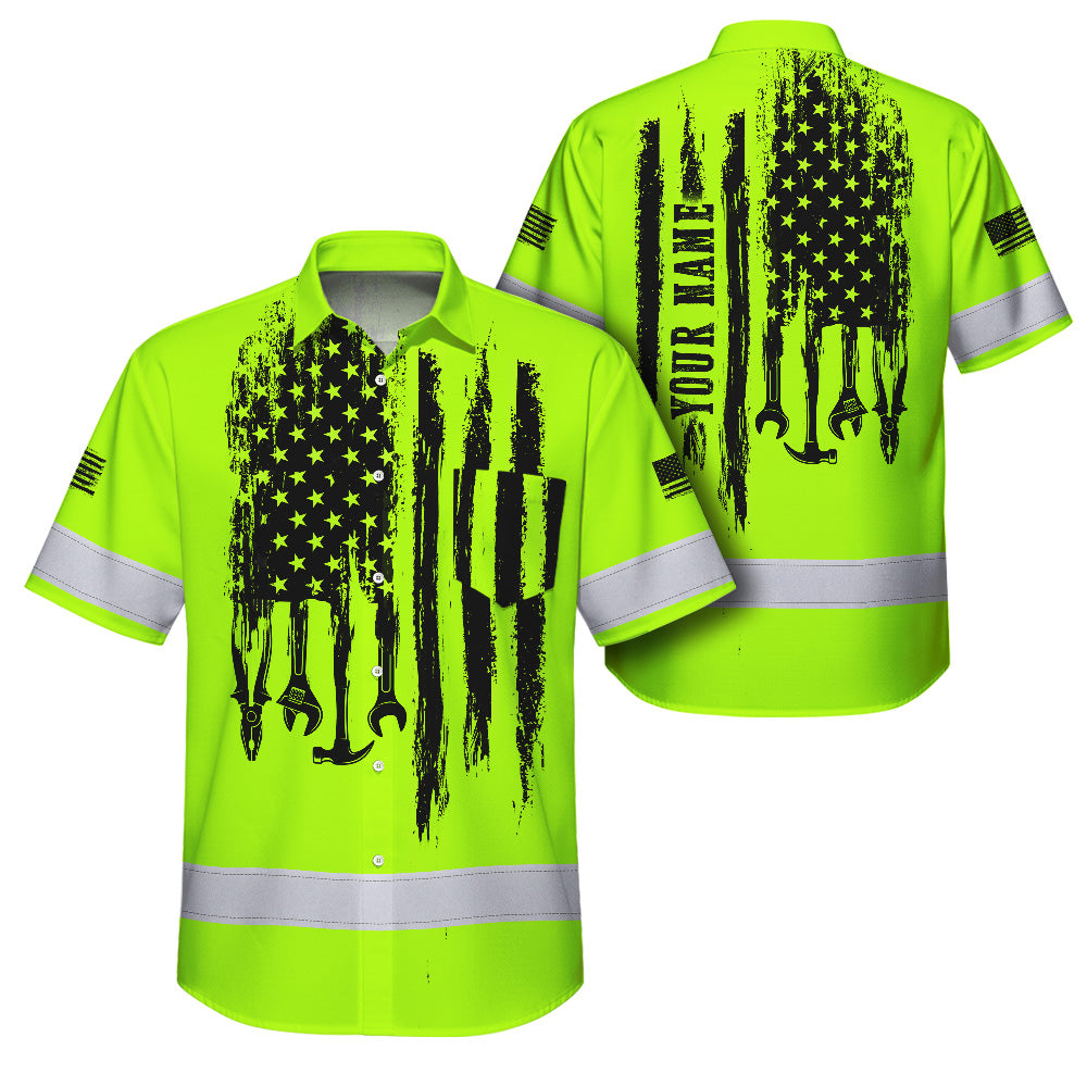 Hi Vis Hawaiian Shirt Reflective Tapes Lime Neon Mechanic 2 Custom Name Safety Workwear For Mechanists, Workers, Truckers, Operators