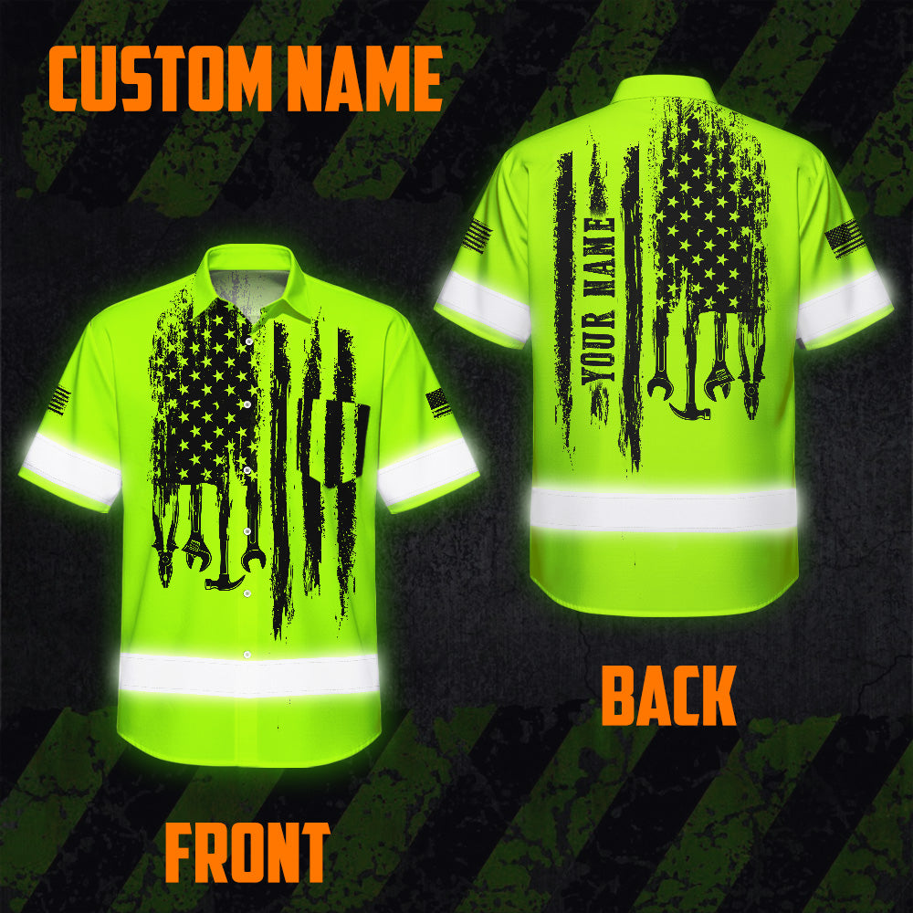 Hi Vis Hawaiian Shirt Reflective Tapes Lime Neon Mechanic 2 Custom Name Safety Workwear For Mechanists, Workers, Truckers, Operators