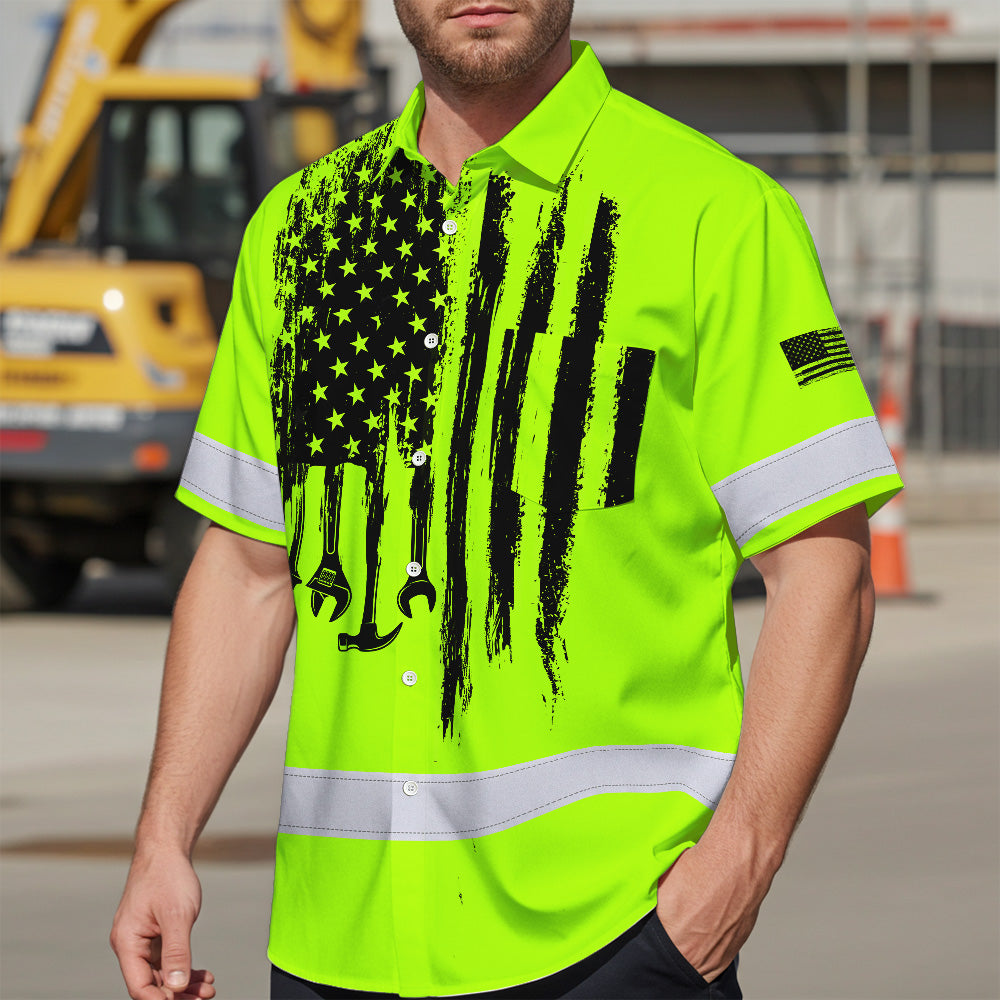 Hi Vis Hawaiian Shirt Reflective Tapes Lime Neon Mechanic 2 Custom Name Safety Workwear For Mechanists, Workers, Truckers, Operators