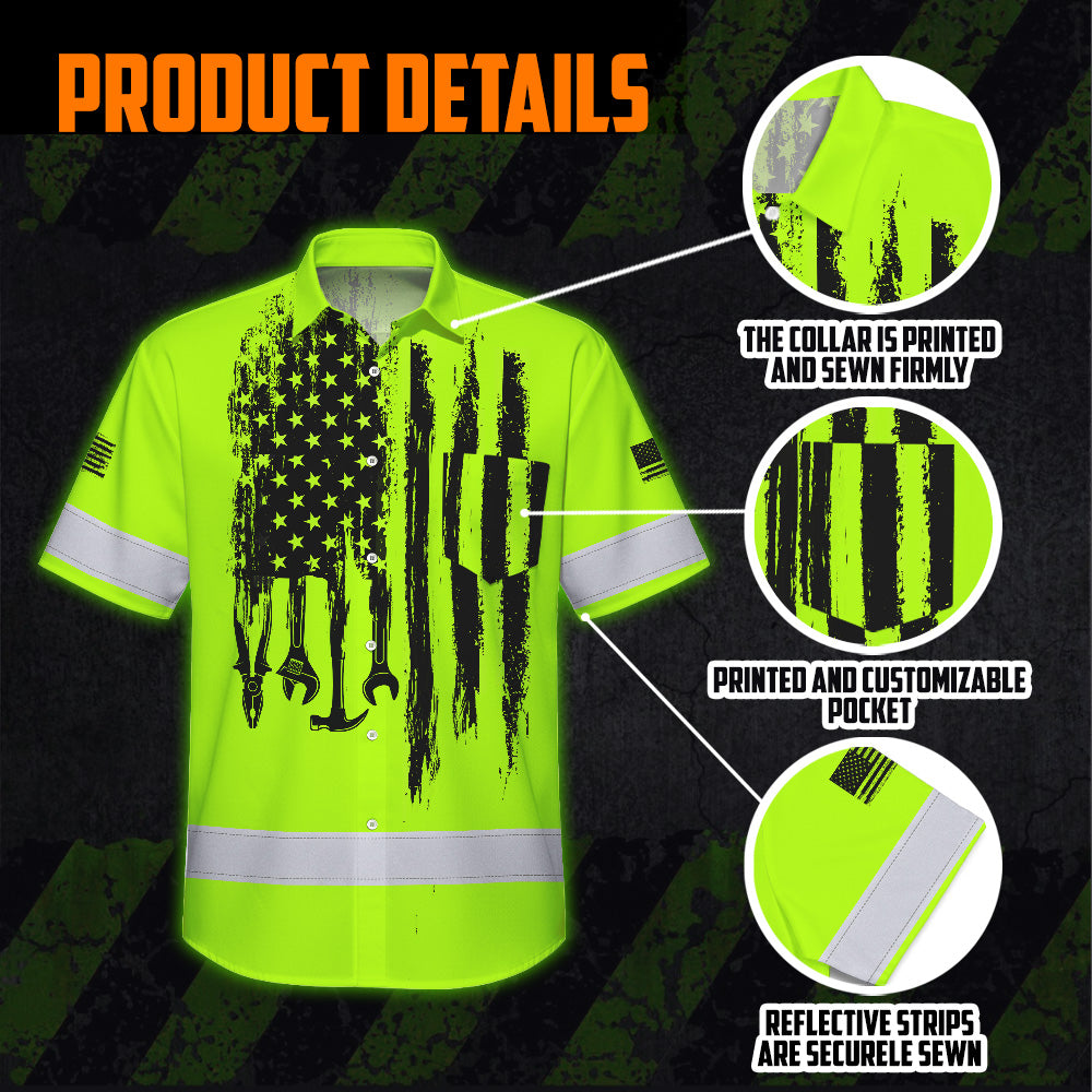Hi Vis Hawaiian Shirt Reflective Tapes Lime Neon Mechanic 2 Custom Name Safety Workwear For Mechanists, Workers, Truckers, Operators