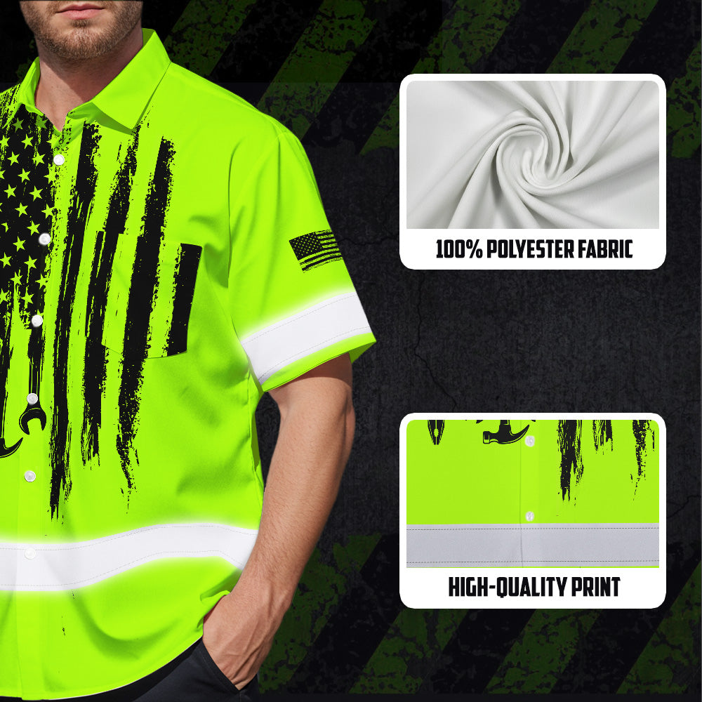 Hi Vis Hawaiian Shirt Reflective Tapes Lime Neon Mechanic 2 Custom Name Safety Workwear For Mechanists, Workers, Truckers, Operators