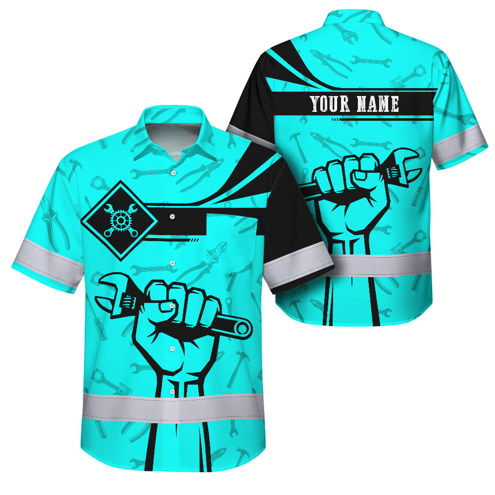 Hi Vis Hawaiian Shirt Reflective Tapes Blue Neon Mechanic Custom Name Safety Workwear For Mechanists, Workers, Truckers, Operators