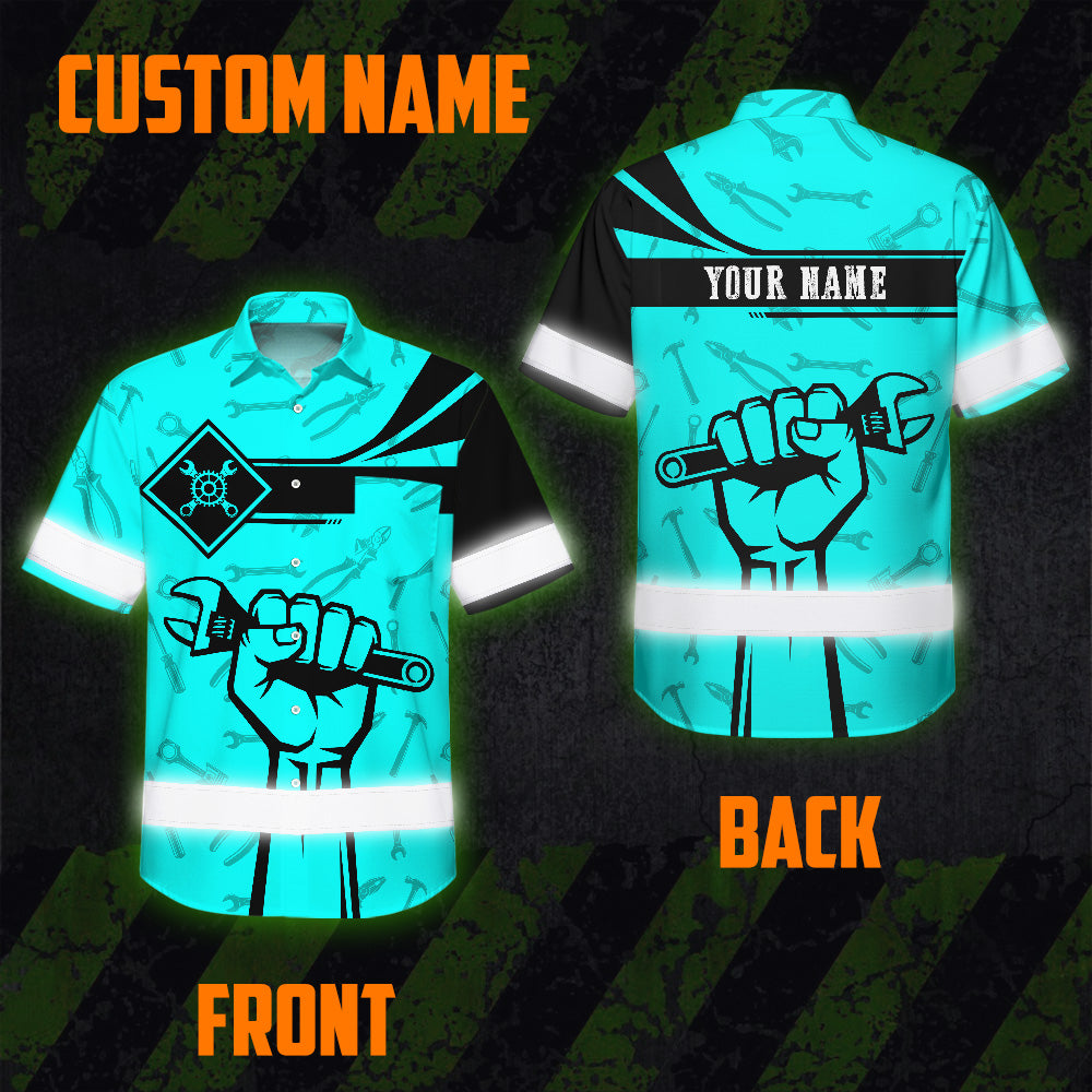 Hi Vis Hawaiian Shirt Reflective Tapes Blue Neon Mechanic Custom Name Safety Workwear For Mechanists, Workers, Truckers, Operators