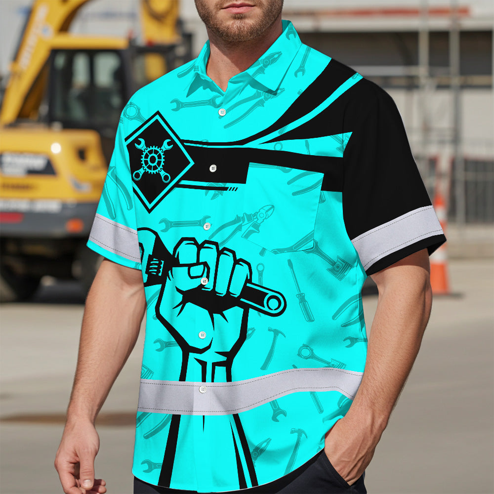 Hi Vis Hawaiian Shirt Reflective Tapes Blue Neon Mechanic Custom Name Safety Workwear For Mechanists, Workers, Truckers, Operators