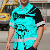 Hi Vis Hawaiian Shirt Reflective Tapes Blue Neon Mechanic Custom Name Safety Workwear For Mechanists, Workers, Truckers, Operators