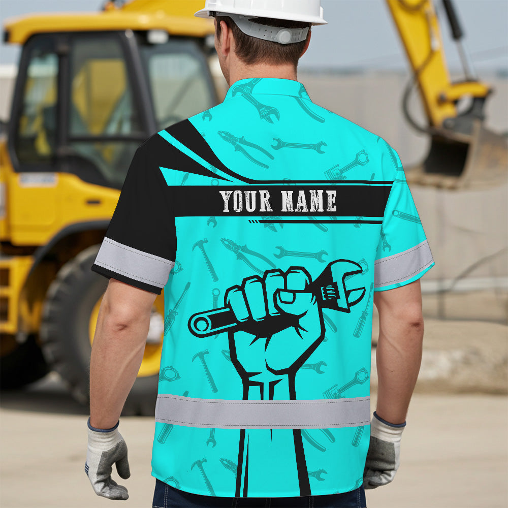 Hi Vis Hawaiian Shirt Reflective Tapes Blue Neon Mechanic Custom Name Safety Workwear For Mechanists, Workers, Truckers, Operators
