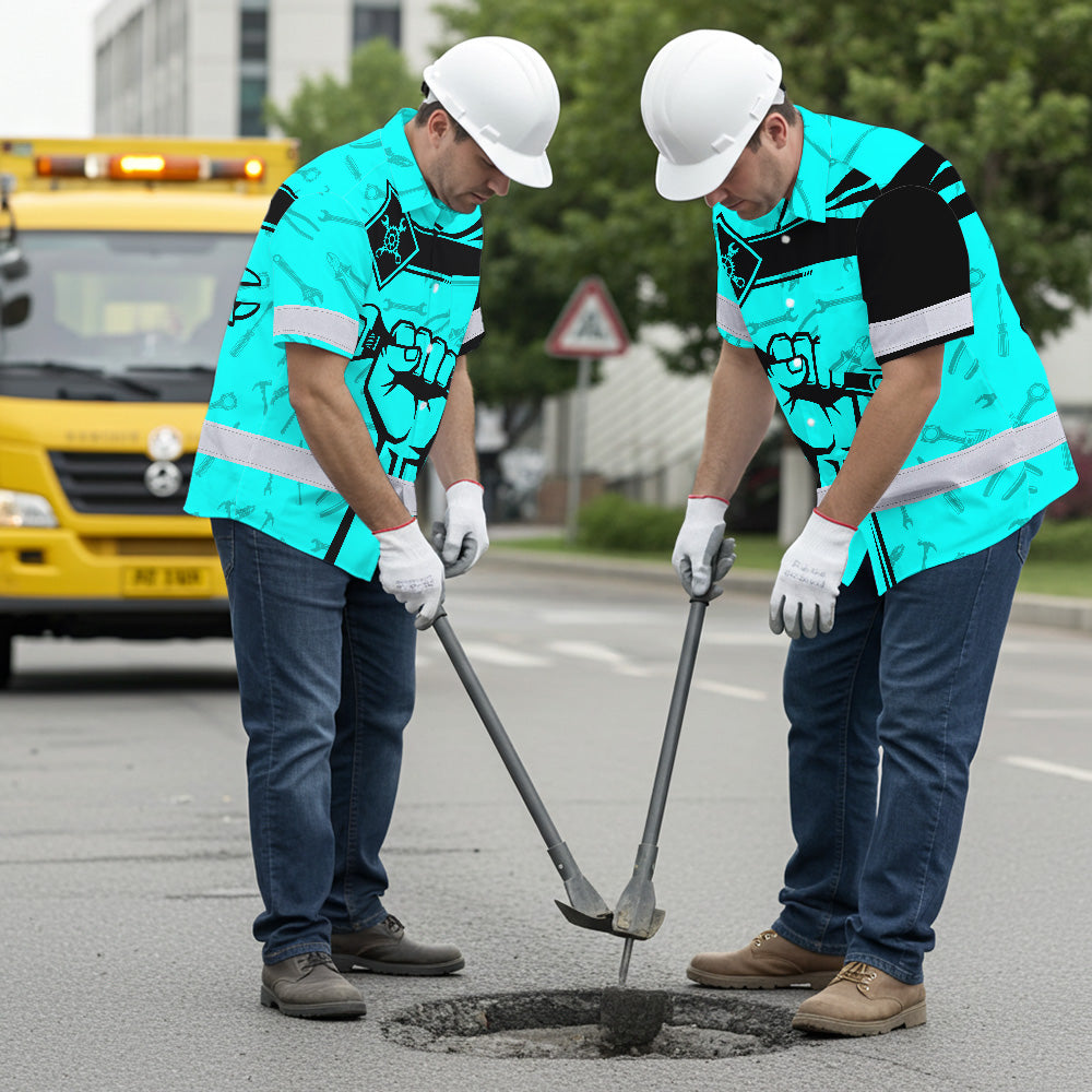 Hi Vis Hawaiian Shirt Reflective Tapes Blue Neon Mechanic Custom Name Safety Workwear For Mechanists, Workers, Truckers, Operators