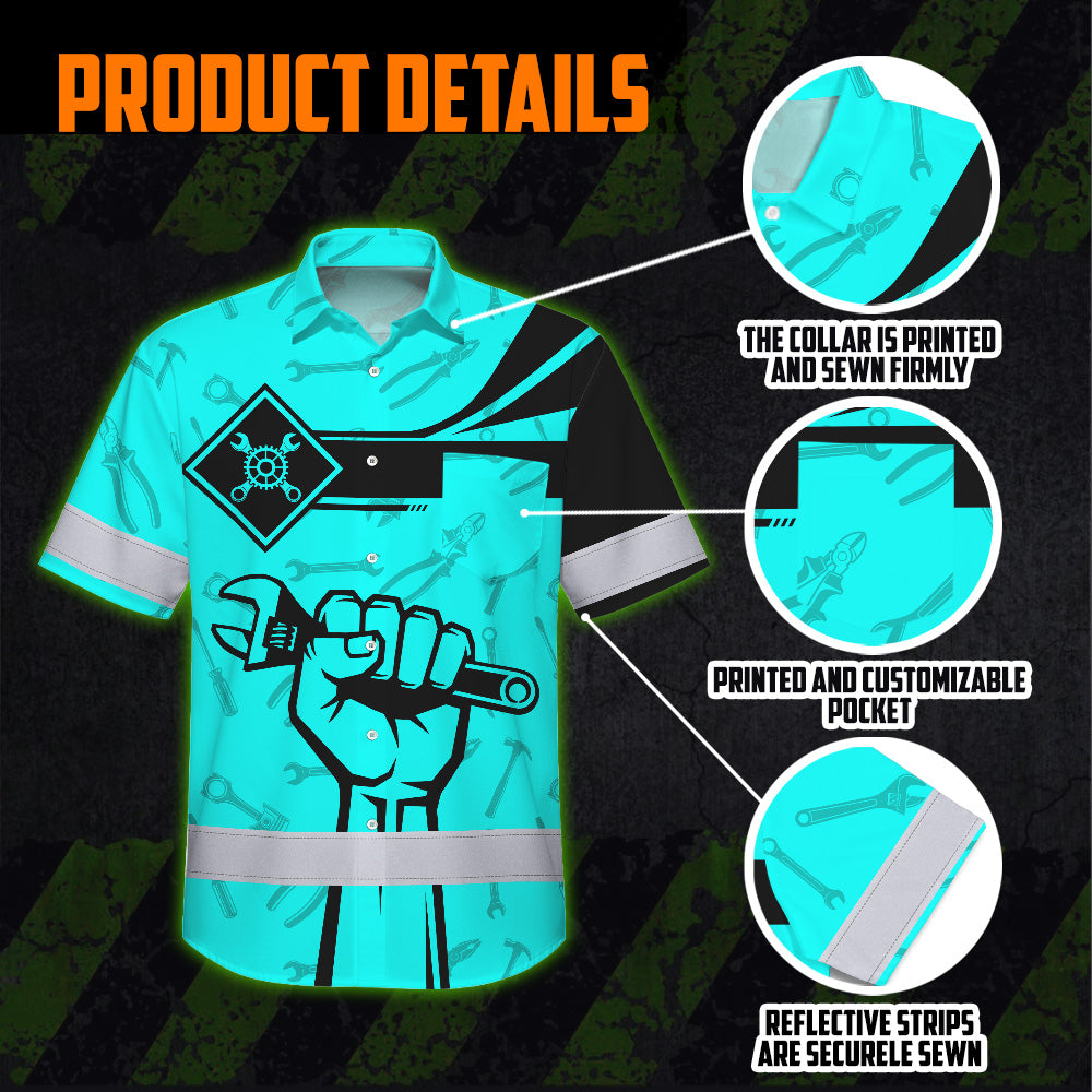 Hi Vis Hawaiian Shirt Reflective Tapes Blue Neon Mechanic Custom Name Safety Workwear For Mechanists, Workers, Truckers, Operators
