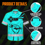 Hi Vis Hawaiian Shirt Reflective Tapes Blue Neon Mechanic Custom Name Safety Workwear For Mechanists, Workers, Truckers, Operators