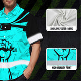 Hi Vis Hawaiian Shirt Reflective Tapes Blue Neon Mechanic Custom Name Safety Workwear For Mechanists, Workers, Truckers, Operators