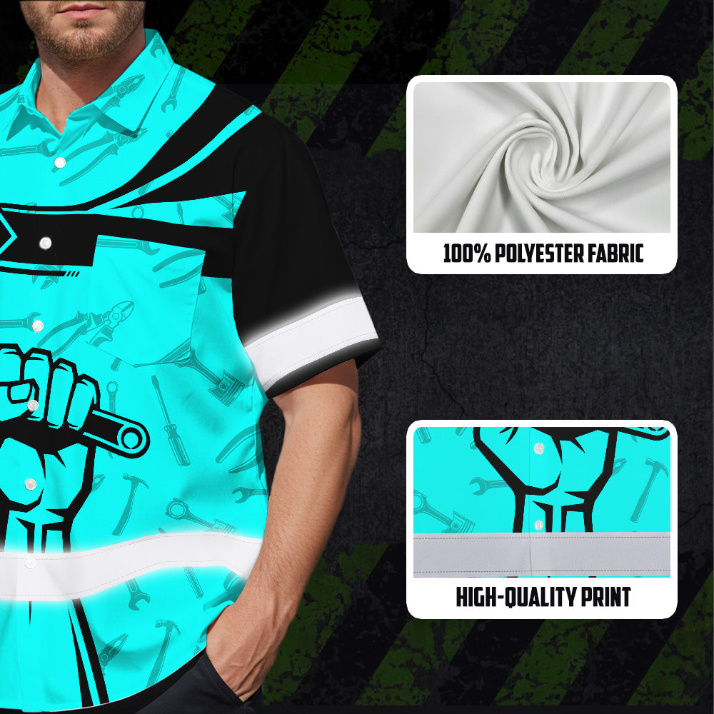 Hi Vis Hawaiian Shirt Reflective Tapes Blue Neon Mechanic Custom Name Safety Workwear For Mechanists, Workers, Truckers, Operators